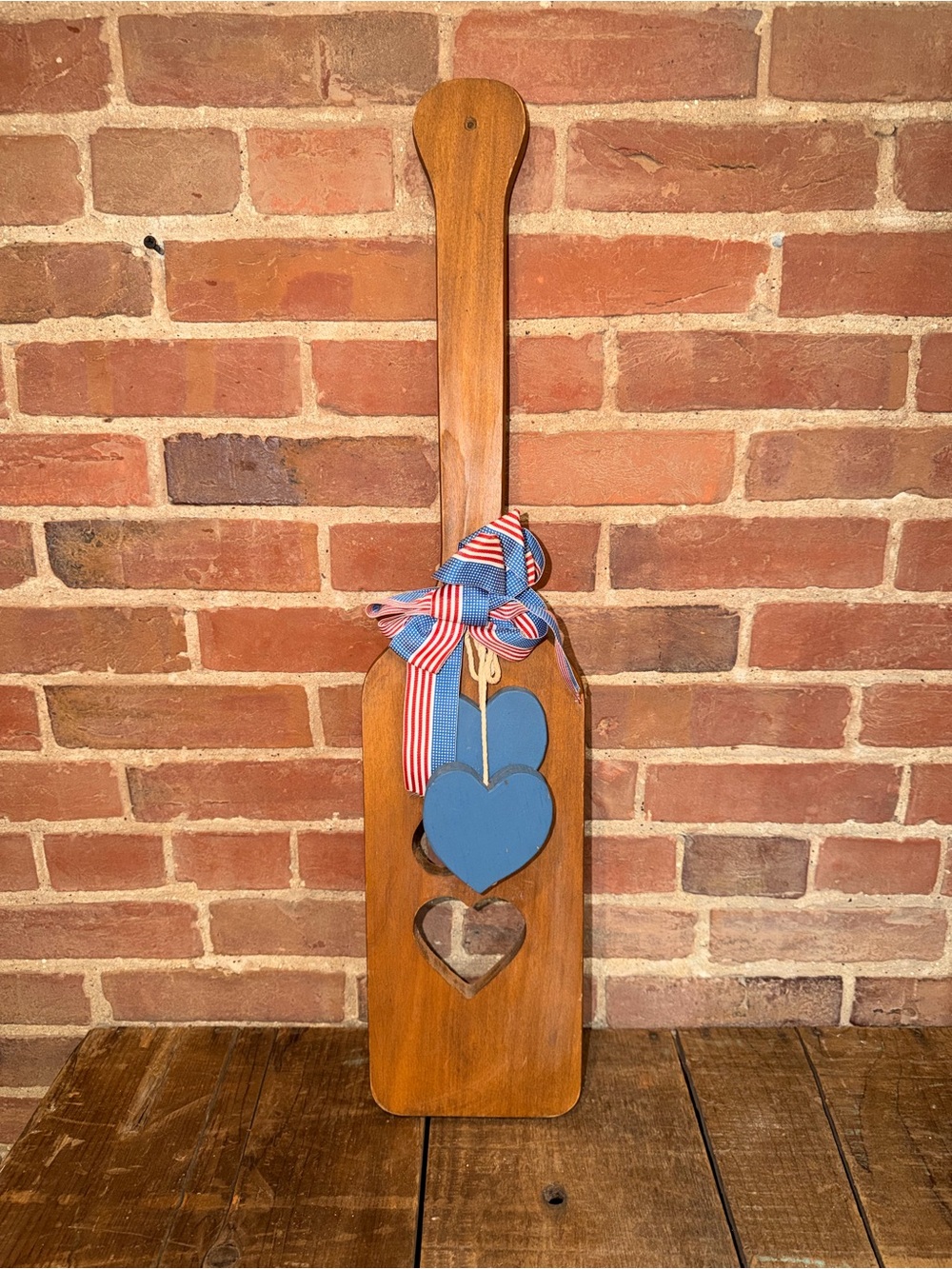 Longaberger Rustic Wooden Paddle Wall Hanging with Blue American Hearts Ribbon